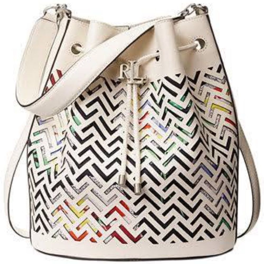 Lauren Ralph Lauren Andie Perforated Multicolor Vanilla Leather Drawstring Bag - Picture 4 of 13